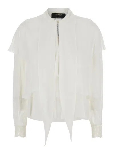 Twinset White Shirt With Layered Design And Draped Details In Viscose Woman