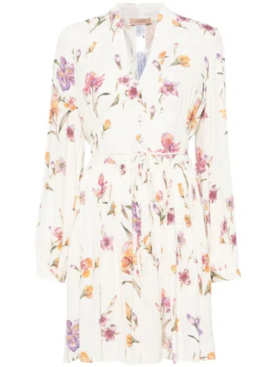 TWINSET WHITE SHORT DRESS WITH FLORAL PRINT