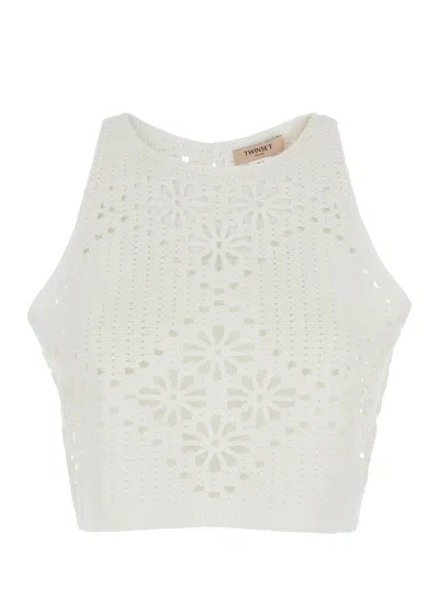 Twinset White Sleeveless Crochet Cropped Top With Logo Plaque On The Rear