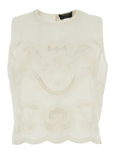 Twinset White Sleeveless Top With Front Embroidery And Scallop Hem In Cotton Woman