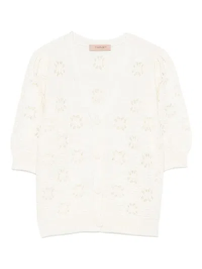 Twinset White Sweater With Open-knit Floral Pattern