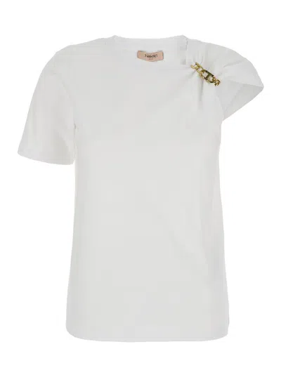 Twinset White T-shirt With Round Neck And Chain Detail On The Neckline In Cotton Woman