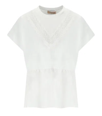 TWINSET WHITE T-SHIRT WITH RUFFLE