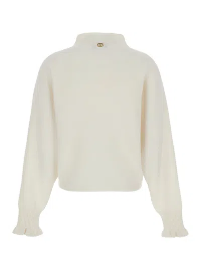 Twinset White Turtleneck Sweater With Metallic Logo Plaque On The Back In Wool Blend Woman