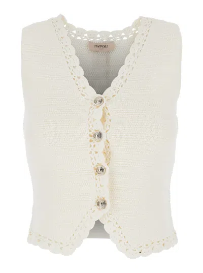 Twinset White V-neck Vest With Crochet Knit Design In Viscose Blend Woman In Gray