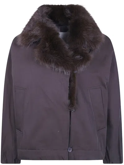Twinset Windbreaker Faux Fur Neck Bomber Jacket In Brown