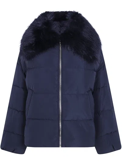 Twinset Windbreaker Faux Fur Neck Puffer Jacket In Black
