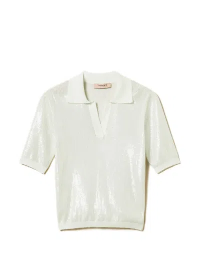 Twinset Sequin Embellished Short-sleeved Polo Shirt In White
