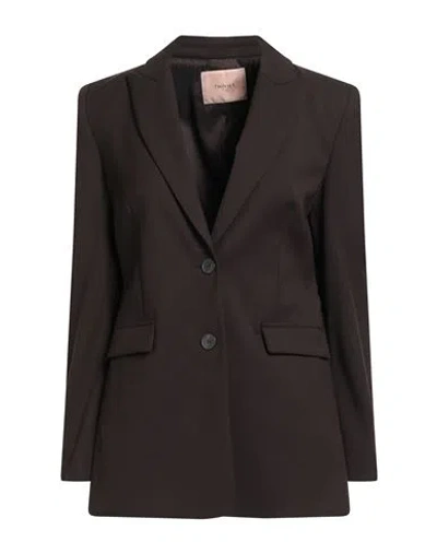 Twinset Woman Blazer Chocolate Brown Size 14 Polyester, Wool, Viscose, Elastane