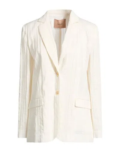 Twinset Woman Blazer Ivory Size 2 Cotton, Linen, Polyamide, Polyester In White
