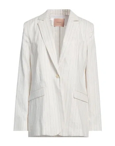 TWINSET TWINSET WOMAN BLAZER WHITE SIZE 12 COTTON, LINEN, POLYAMIDE, POLYESTER, VISCOSE