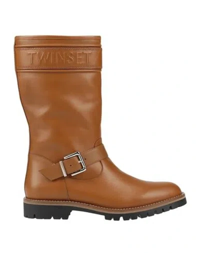 Twinset Woman Knee Boots Camel Size 5 Soft Leather In Beige