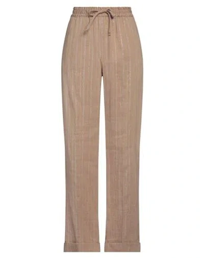 Twinset Woman Pants Camel Size 4 Cotton, Linen, Polyamide, Polyester, Viscose In Sand