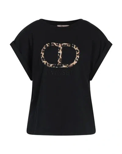 Twinset Woman T-shirt Black Size S Cotton, Polyester, Elastane, Viscose
