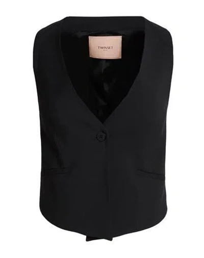 Twinset Woman Tailored Vest Black Size 8 Viscose, Polyester, Elastane In Animal Print