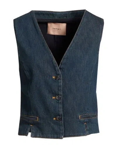 Twinset Denim Vest With Front Pockets And V-neckline In Blue
