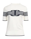Twinset Short Sleeves High Neck Striped Sweater With Logo In Off White