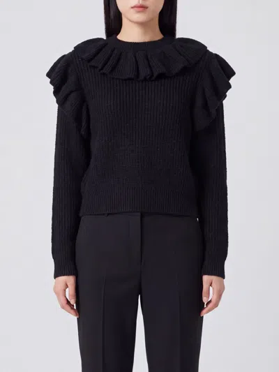 Twinset Wool And Alpaca Blend Crewneck Jumper With Ruffles And Embroidery In Black