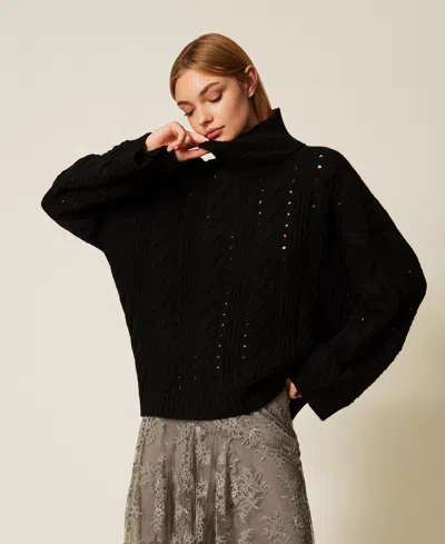 Twinset Wool Blend Cable Knit Maxi Jumper In Black