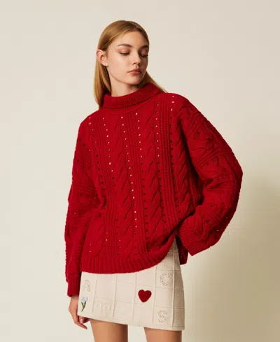 Twinset Wool Blend Cable Knit Maxi Jumper In Red