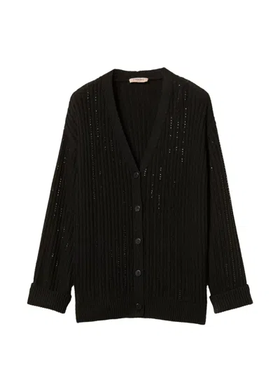 Twinset Wool Blend Cardigan With Rhinestones In Black