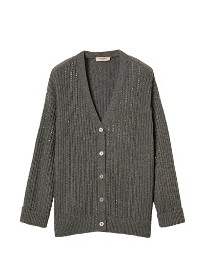 Twinset Wool Blend Cardigan With Rhinestones In Grey