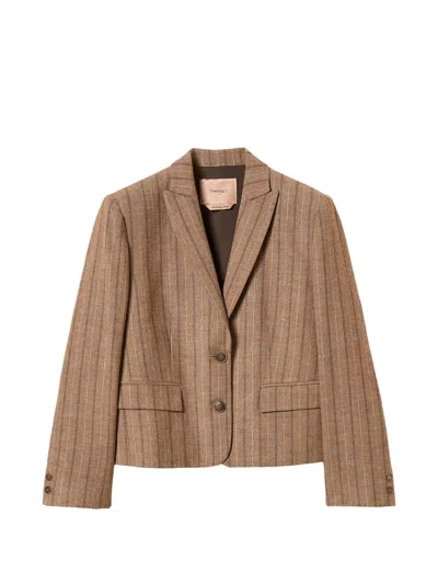 Twinset Wool Blend Cropped Pinstripe Blazer In Brown
