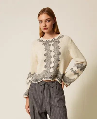 Twinset Wool Blend Jumper With Placed Print In White