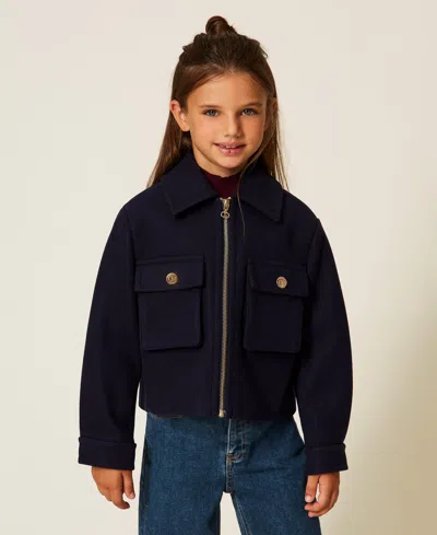 Twinset Kids' Wool Cloth Caban Jacket With Zip In Blue