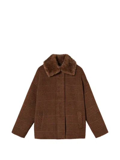 Twinset Wool Cloth Check Caban Coat With Faux Fur In Brown