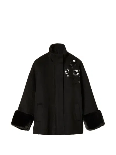 Twinset Wool Cloth Coat With Faux Fur And Embroidery In Black