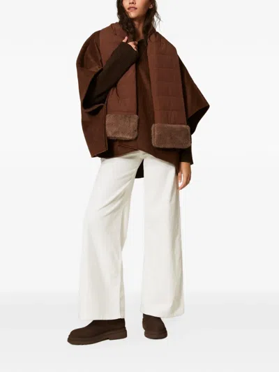 Twinset Wool Cloth Poncho With Scarf In Brown