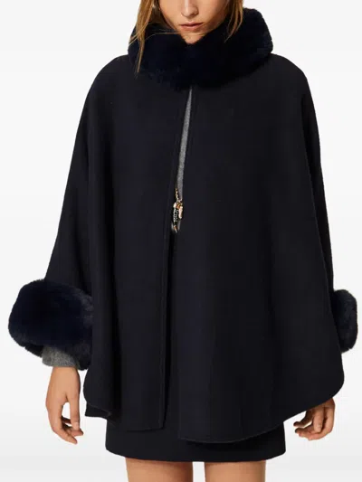 Twinset Wool Poncho With Synthetic Fur In Blue