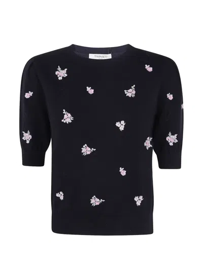 Twinset Wool-blend Jumper With Floral Embroidery In Blue