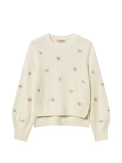 Twinset Wool-blend Jumper With Floral Embroidery In Neutral