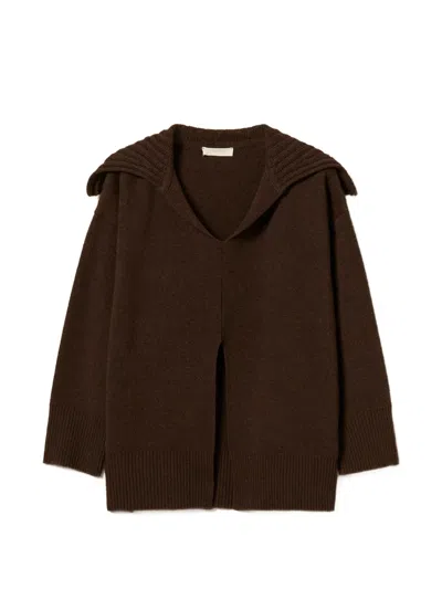 Twinset Wool-blend Maxi Jumper With Slit In Brown