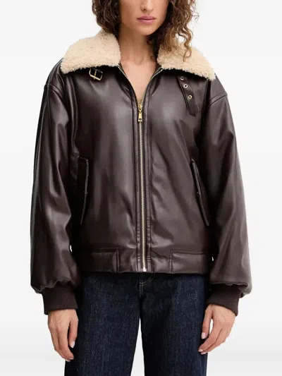 Twinset Zip-up Faux-leather Jacket In Brown