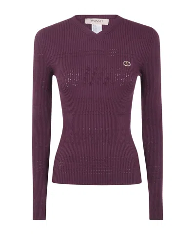 Twinset Logo Plaque V-neck Jumper In Purple