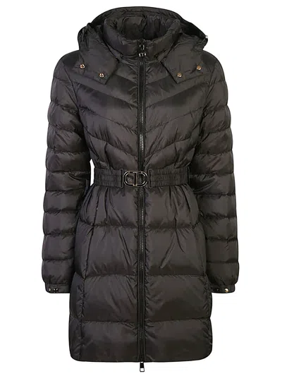 Twinset Belted Puffer Coat With Hood And Chic Detailing In Black