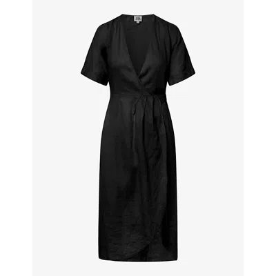 Twist & Tango Mya Wrap-front Short-sleeve Linen Midi Dress In Black