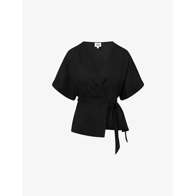 Twist & Tango Reese Wrap-front Short-sleeve Linen Top In Black