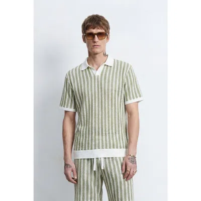 Twisted Tailor Albie Stripe Cotton Crochet Polo Shir In Green