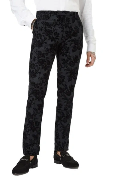 Twisted Tailor Flee Floral Skinny Fit Wool Blend Tuxedo Trousers In Black