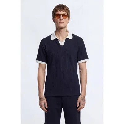 Twisted Tailor Henry Textured Open Collar Polo Shirt In Blue