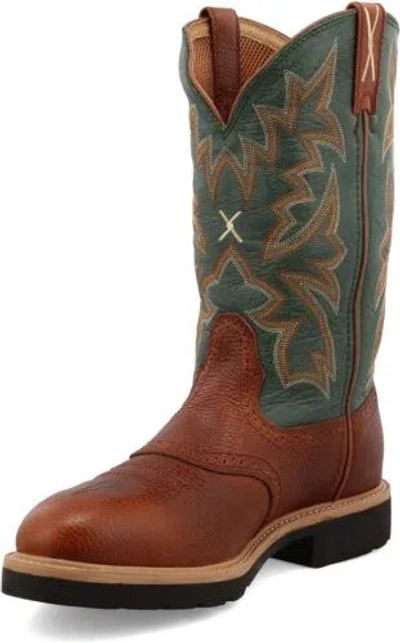 Pre-owned Twisted X 12" Western Work Boot - Safety Steel Toe Pull-on Boots For Men In Cognac Glazed Pebble & Dark Green
