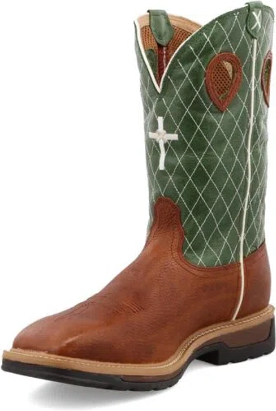 Pre-owned Twisted X Men's 12" Western Work Boot, Square Toe With Cellstretch In Cognac Glazed Pebble & Lime
