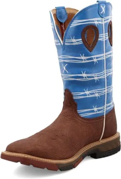 Pre-owned Twisted X Men's 12" Western Work Boot With Cellstretch In Burgundy & Sky Blue