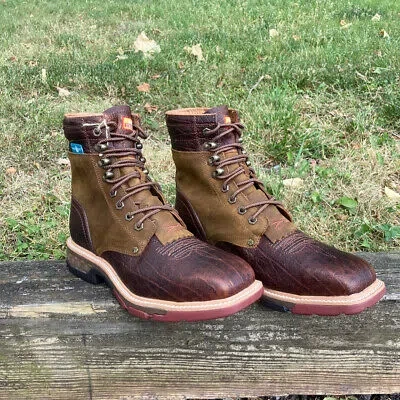 Pre-owned Twisted X Men's 8" Cellstretch Lacer Alloy Toe Work Boot Distressed Saddle & Cog In Brown