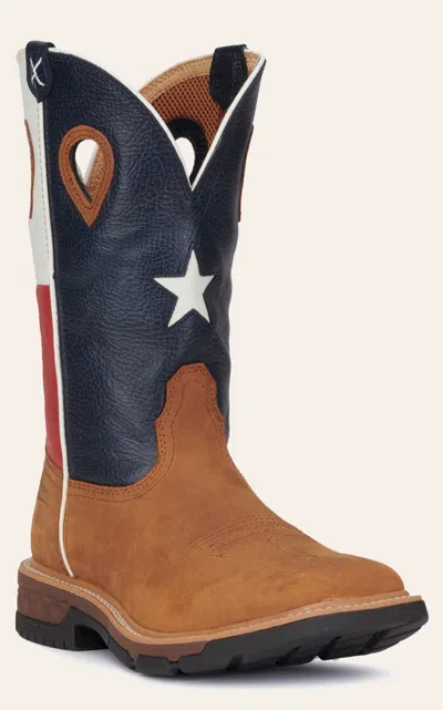 Twisted X Men's Cognac Leather With Texas Flag Upper Wide Square Toe Work Boots In Multi