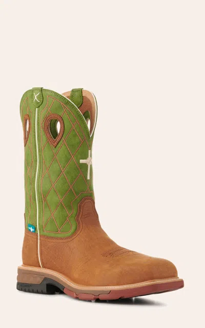 Twisted X Men's Latte And Green With Cross Cellstretch Wide Composite Square Toe Work Boots In Brown